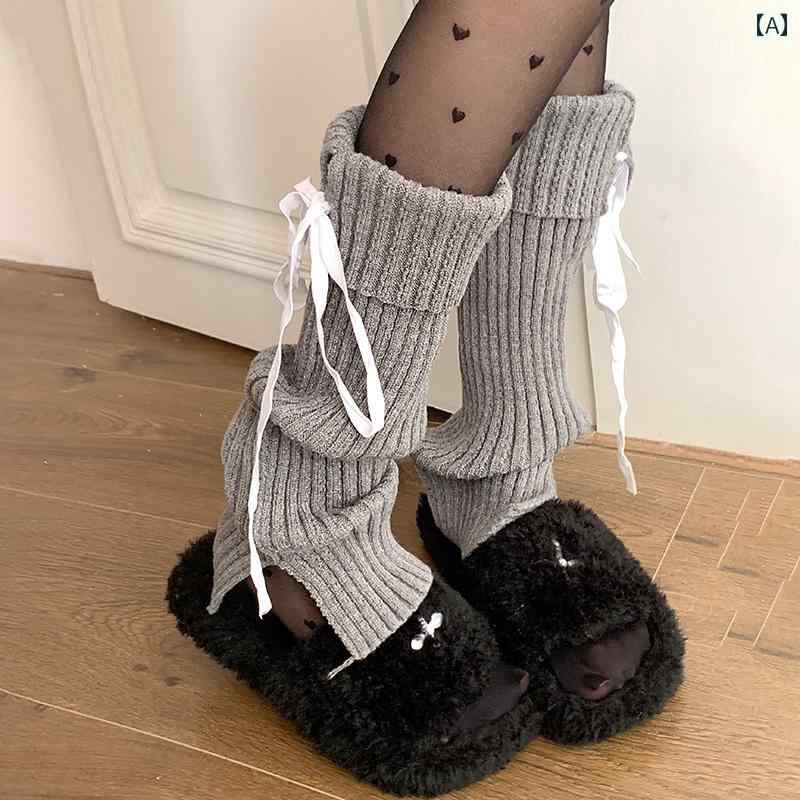 温かい 暖かい 着る岩盤浴 ソックス ワイドレッグウォーマー レディース フランス製 グレーの ニット製 レースアップ ソックス レディース スプリット リボン ミドル レッグ セット JK バレエ 蝶 結び パイルソックス
