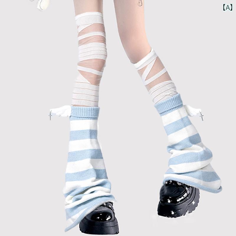温かい 暖かい 着る岩盤浴 ソックス ワイドレッグウォーマー レディース パンク サブカルチャー レース キュートな 白と 青の ストライプ 水彩の 天使の レッグカバー ストラップ 女の子 靴下 スタック ソックス(4)
