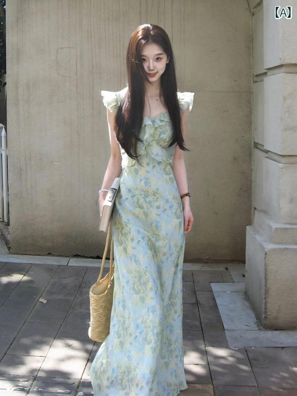 体型カバー きれいめ ワンピース ロング マキシ丈 フランスのの エレガントの スタイル グリーンの 花..