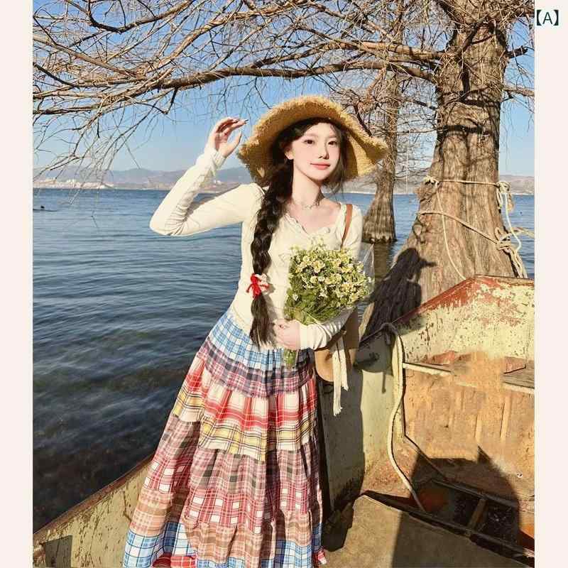 レディース ツイードスカート フェミニン キュート エキゾチックな エスニックの カラフルな チェック 柄の aライン スカート 女性用 夏用 スプライシング ドレープ ハイウエスト ミドル 丈 大振り アンブレラ スカート