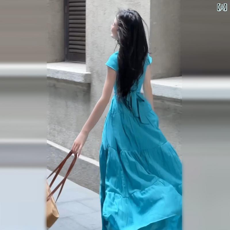 体型カバー きれいめ ワンピース ロングワンピース マキシワンピース 海辺の 休暇 ブルー Vネック 半袖..