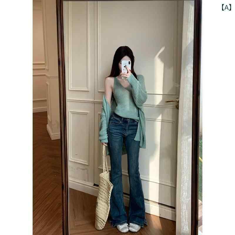 レディース アンサンブルニットトップス きれいめ 長袖 高級 感 洋 気 減 齢 ファッション 女装 風 綺麗 緑 メリヤス カーディガン ストラップ セット長 ズボン セット