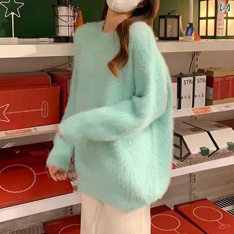 レディース アンサンブルニットトップス きれいめ 長袖 ミントの 緑の 丸 襟の 頭 はの 綿毛の セータ..