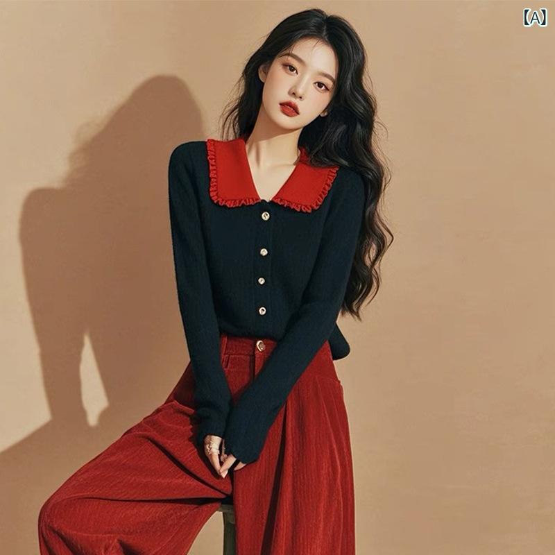 レディース アンサンブルニットトップス きれいめ 長袖 2025 春の 婦人服の エレガントの 風の 独特な 綺麗な 新年の 黒い 子供の 襟の ニットの コーデュロイの ズボンの スーツ