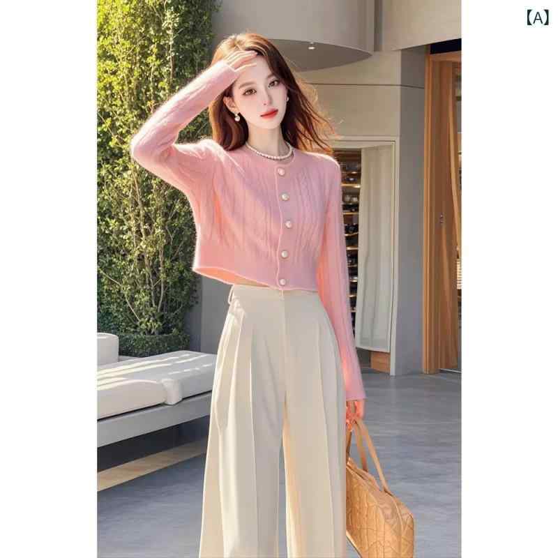 レディース アンサンブルニットトップス きれいめ 長袖 9452 美しい 女装の 高級 ファッションの エレガントの ピンクの セーターを 着て ズボンの スーツを 編む