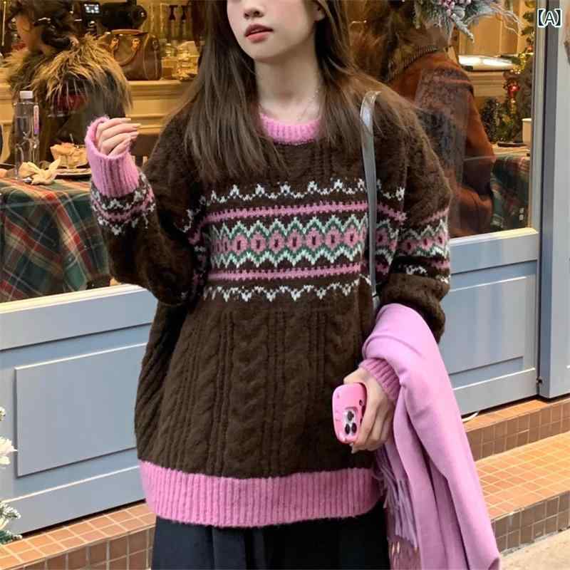 レディース アンサンブルニットトップス きれいめ 長袖 美しい レトロ 麻の 花が 色の クリスマスの セ..