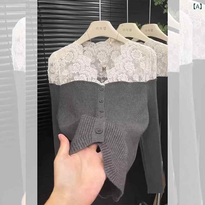 レディース アンサンブルニットトップス きれいめ 長袖 フランスの グレーの レースは カーディガンの ..