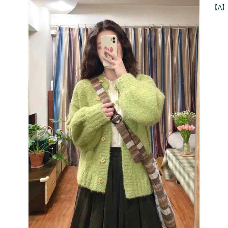 レディース アンサンブルニットトップス きれいめ 長袖 牛 油 果 緑の カシミヤの セーターの コートの..