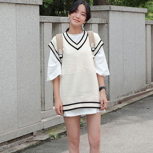 レディース ベスト ジレ 重ね着風 ドッキング 襟付き トップス ロングシャツ 5555 # 図 韓国 学院 風 v..