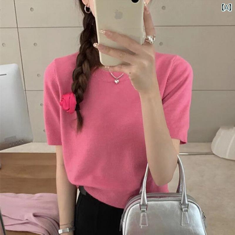 半袖ニット 上品 大人 シンプル レディース ニット セーター リブニット ハイネック 半袖 レディース ..