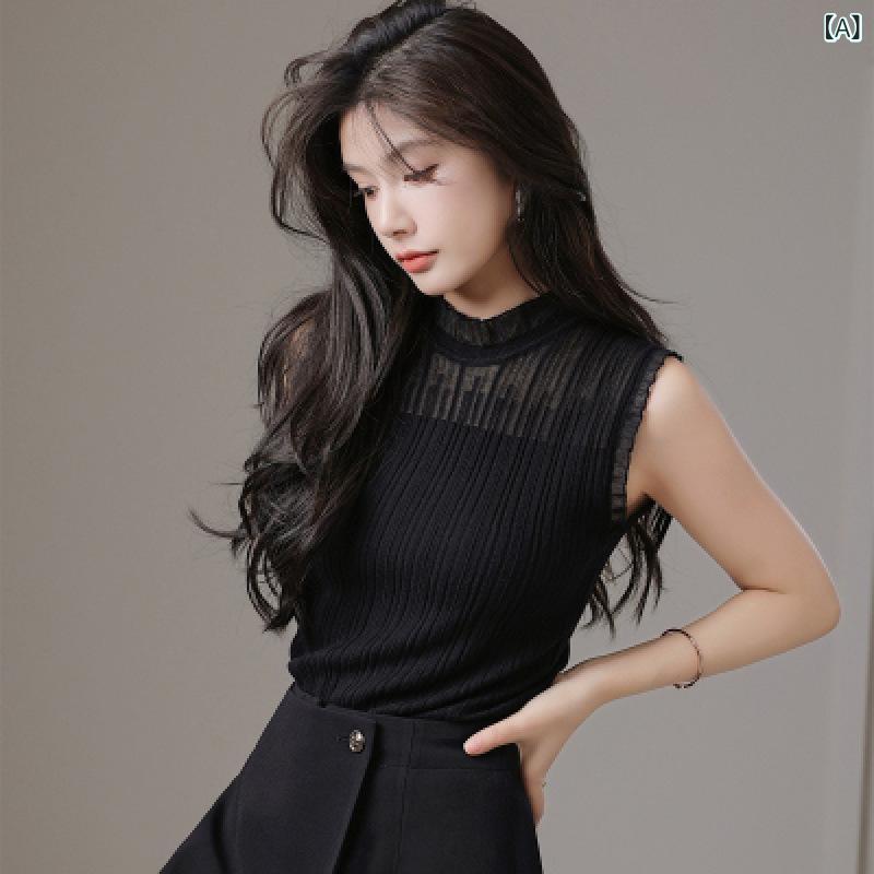 レディース ベスト ジレ 重ね着風 ドッキング 襟付き トップス ロングシャツ 優しい 精巧 レース ニッ..