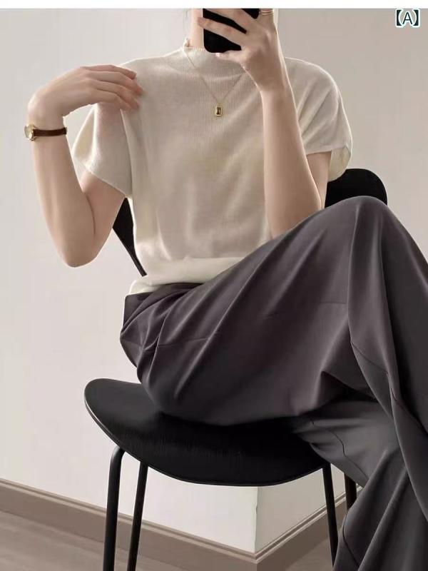 ニット セーター リブニット ハイネック 半袖 レディース トップス 高級 感の ある 半高 襟の 小さい ..