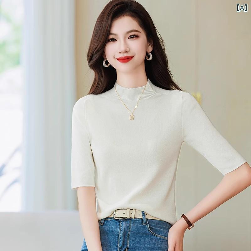 ニット セーター リブニット ハイネック 半袖 レディース トップス 2024年の 新型 春秋 高級 半高 襟 ..