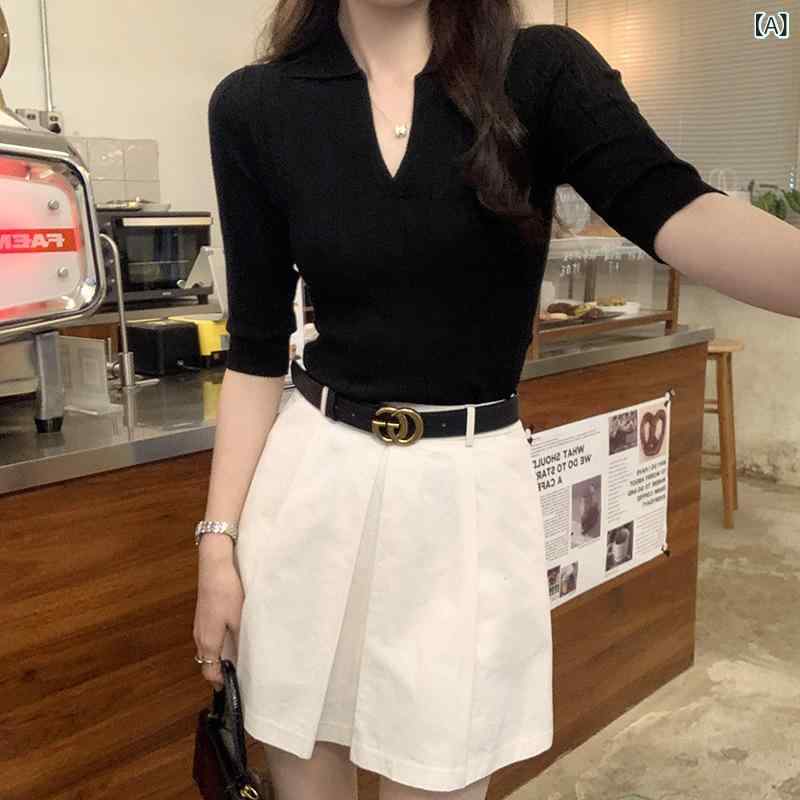 ニット セーター リブニット ハイネック 半袖 レディース トップス 韓国小 衆は 襟を ひっくり返して ..