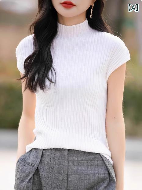 半袖ニット 上品 大人 シンプル レディース ニット セーター リブニット ハイネック 半袖 レディース ..