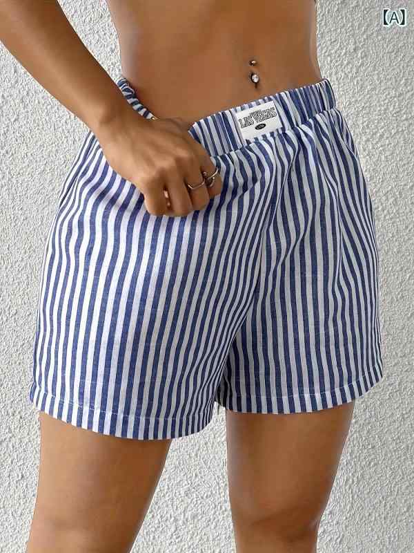 レディース ショートパンツ フェイクレザー 合皮 ウエストゴム 2025 ショーツ 青と 白の ストライプ カ..