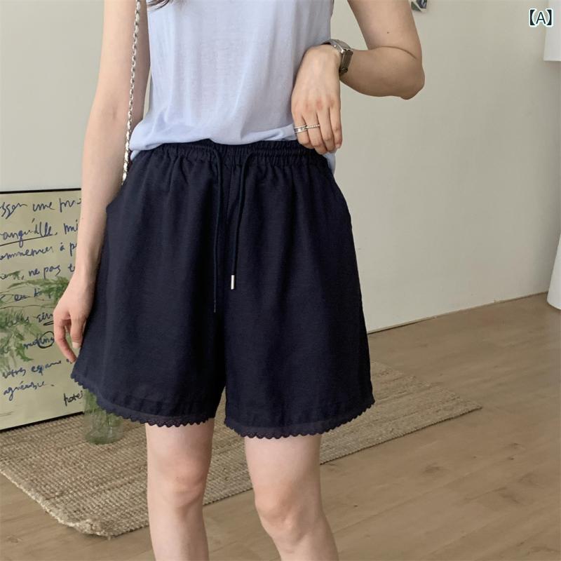 レディース ショートパンツ フェイクレザー 合皮 ウエストゴム レトロ ホット パンツ 弾性 ウエスト 韓国 スタイル ハイウエスト 麻 レースショーツ ハイウエストショーツ 夏