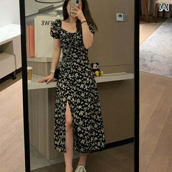 レディース レーススカート きれいめ ロング丈 シンプル レディース レーススカート きれいめ ロング丈 シンプル 2024 Veee ロマンチックな 夜の バラの 黒い プリントの 花の 泡の 袖の フレンチの 方の 襟の フォークの ワンピースの