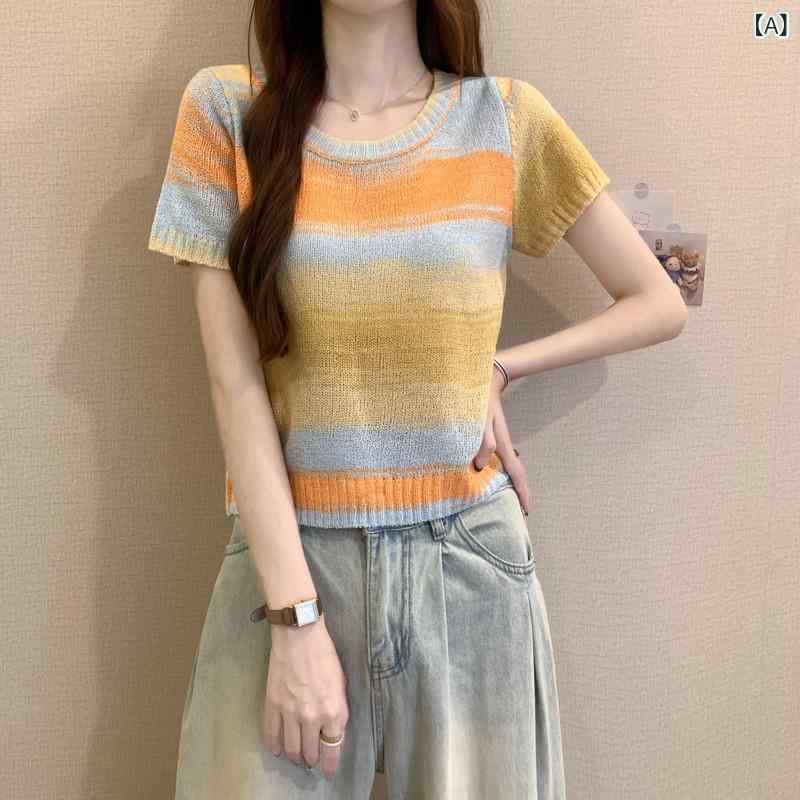 レディース レイヤードノースリーブニット おしゃれ きれいめ ゆったりめ グラデーション ストライプ 半袖 セーター レディース 2025 夏の ホット スタイル 美 白 ドーパミン カラー ショート トップx2