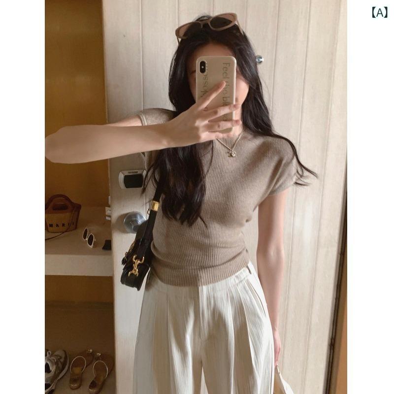 レディース 半袖 リブニット 無地 シンプル おしゃれ 上品 夏の 薄手 タイプの 半高 襟の ストラップの 半袖の ニットの 女性 + 綿の 麻は 腰の 広い 足の ズボンの スカートの スーツ 2つの セットの 潮を 収めます。x2