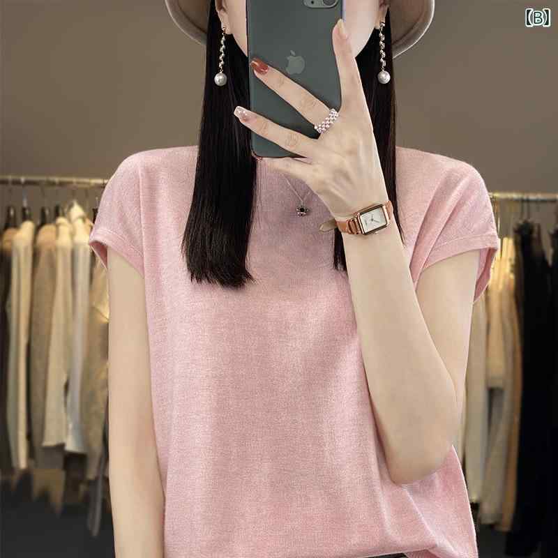 レディース 半袖 リブニット 無地 シンプル おしゃれ 上品 アイス ニット 半袖 女性 夏 銅 アンモニア ..