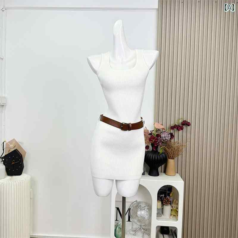 レディース ニットタイトスカート シンプル カジュアル 無地 Chill 巧 児 韓 女 日記 ベルト U 襟 白い..