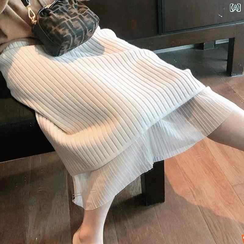 レディース ニットタイトスカート シンプル カジュアル 無地 女性用 ニット ヒップ カバー スカート スリムフィット 韓国 メッシュ スカート リバーシブル セーター セクシー スリットスカート 秋冬 レディース(4)