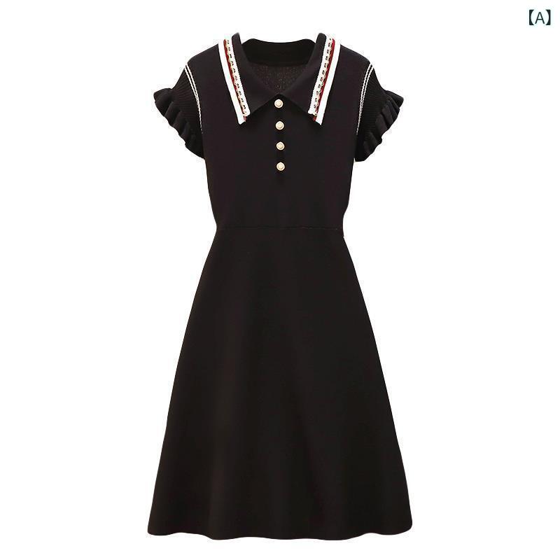 レディース ニットタイトスカート シンプル カジュアル 無地 Xiaoxiangfeng ニット ドレス レディース 夏 2025 スリムフィット フライング スリーブ a ライン スカート コントラスト ストライプ ミッド スカート