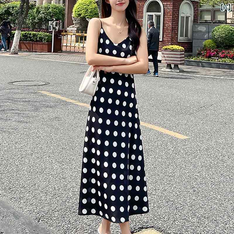 レディース キャミソールワンピース きれいめ 体型カバー マキシ丈 フランス 風の 波の 点の ガーターの ワンピースの レディース 夏は 膝の 内を 過ぎて 外を 着て 高級 感のを 着て 底の a 字の ベストの ロング スカートを 打ちます。