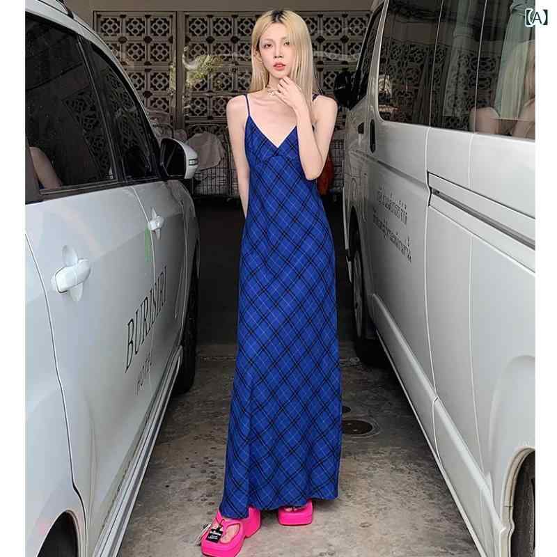 レディース キャミソールワンピース きれいめ 体型カバー マキシ丈 白 クライン 青 格子 ワンピース 感..