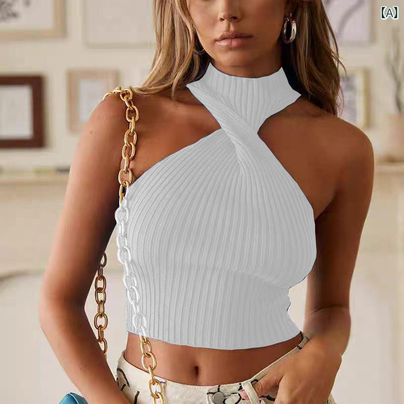 サマーニット ノースリーブ レディース トップス で 魅惑的 クロスボーダー 2025 夏と 秋 ホルターネッ..