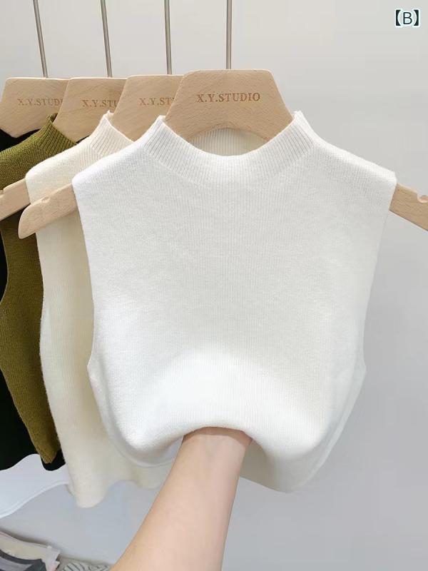 サマーニット ノースリーブ レディース トップス 3028 ハーフ タートルネック キャミソール ショート ..