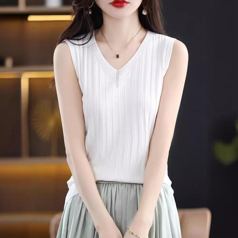 サマーニット ノースリーブ レディース トップス Vネック 冷感 ニットキャミソール レディース 夏の トップ 魅惑的 スリム ノースリーブ Tシャツ フレンチ ノースリーブベスト