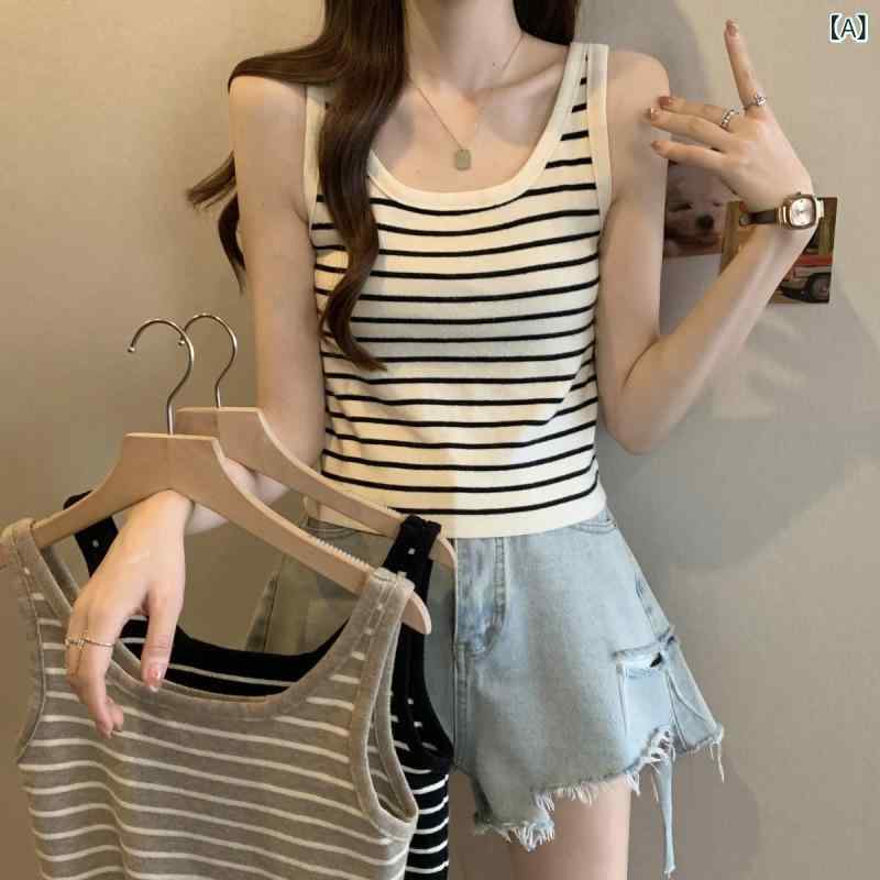 サマーニット ノースリーブ レディース トップス フレンチ ニット ストライプ キャミソール レディース..