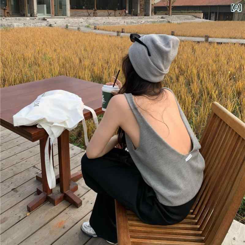 サマーニット ノースリーブ レディース トップス インス バック レス グレー ニット ベスト サスペンダー レディース 夏の 魅惑的 ホッ..