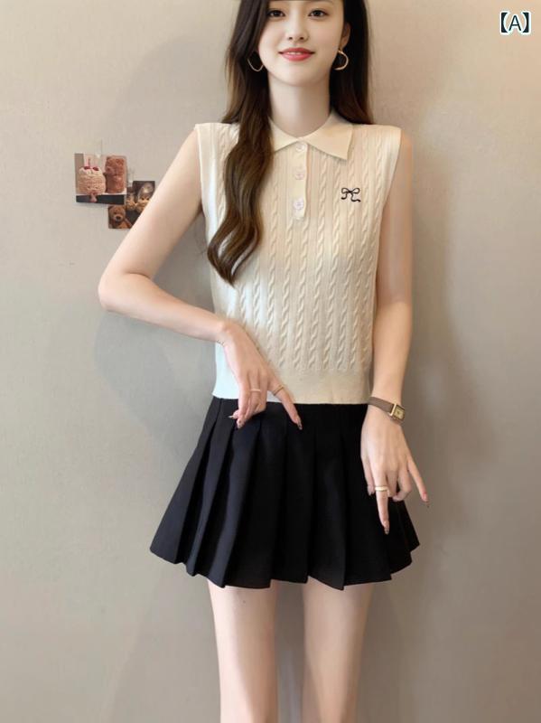 サマーニット ノースリーブ レディース トップス 2025 アメリカ 大衆の 夏の 新型の 襟を めくって ニット します。x2(4)