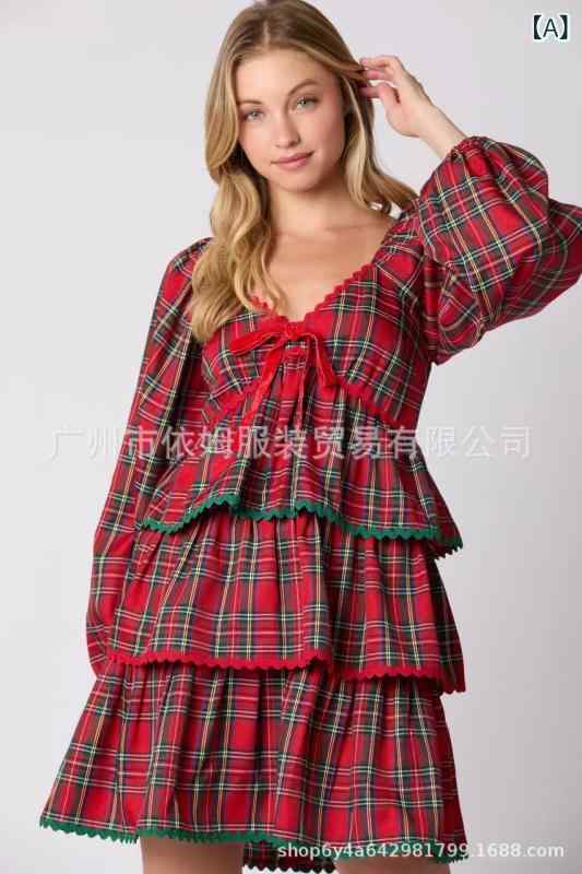 レディース 長袖 秋冬 膝丈 きれいめ 上品 チェック柄 2024 新型 欧米 対外 女装 クリスマス カラー 格..