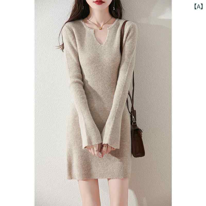 レディース 長袖 秋冬 膝丈 きれいめ 上品 チェック柄 Vネック ウール ワンピース 2024 秋冬 レディー..