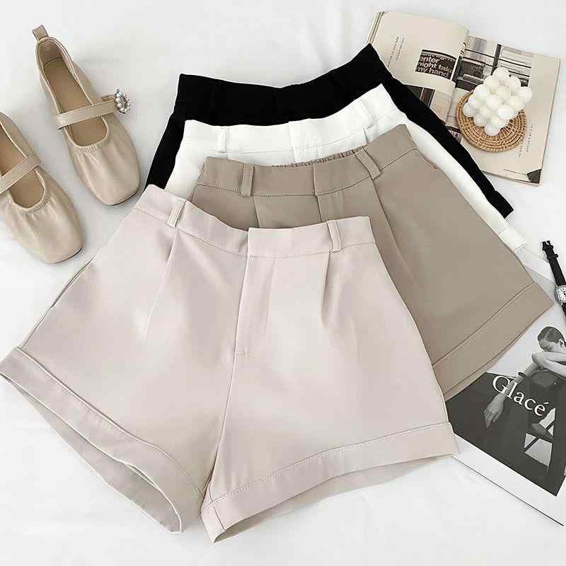 レディース ハイウエスト ワイドレッグパンツ スーツ風 ショーツ シンプル 単色 スリム見え ロールヘム カジュアル 普段使い スタイリッシュ ボトムス