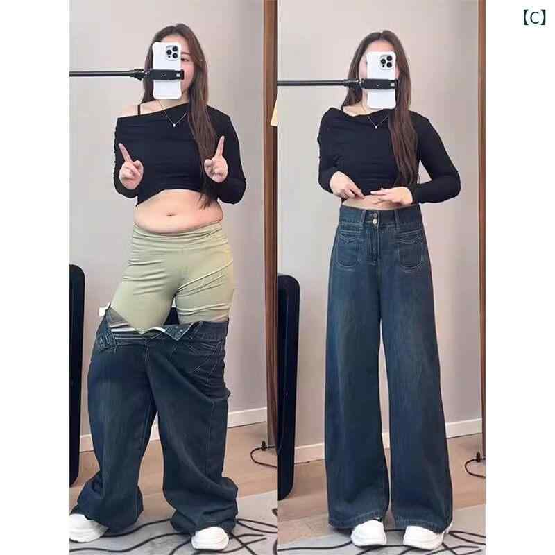 ワイド パンツ オシャレ 大きいサイズ ハイウエスト レトロ ブルー ワイド レッグ ...