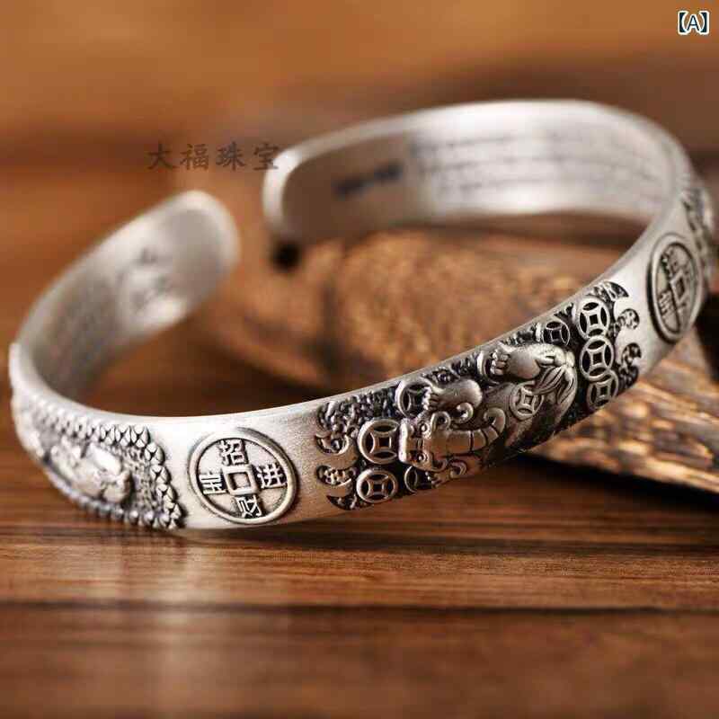 Other , Materials - オシャレ バングル ブレスレット 999 スター リング シルバー 貔貅 ブレスレット レトロ エスニック 銅 コイン 銀 メンズ レディースの 般若心経 オープニング ソリッド シルバージュエリー