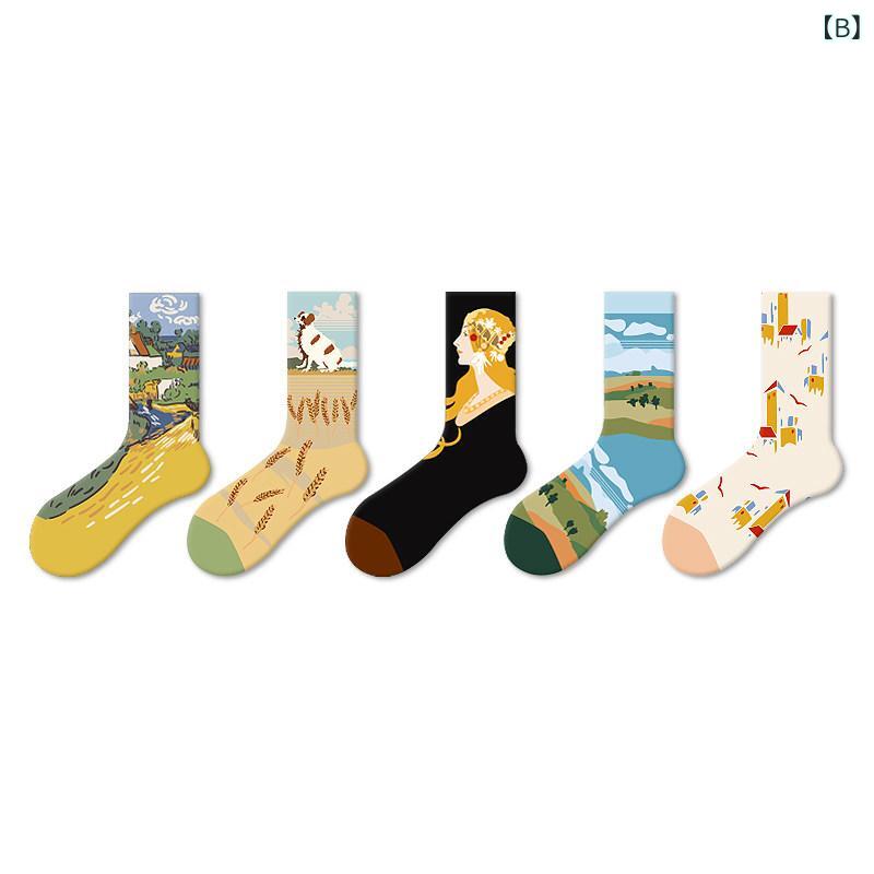 靴下 夏用 レディース メンズ カップル 中丈 ソックス 油絵 プリント レトロ スト...