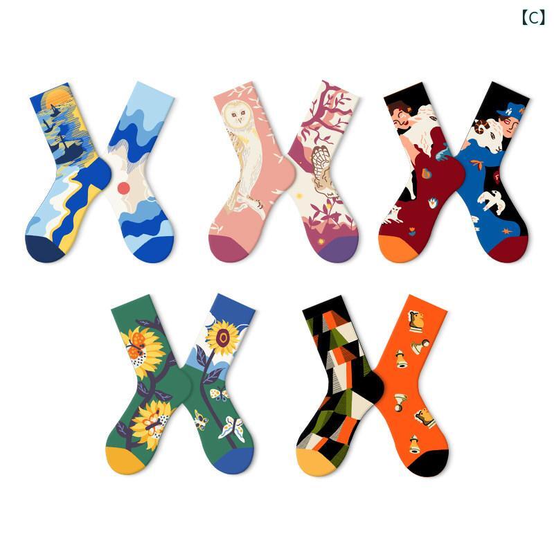靴下 夏用 レディース メンズ カップル 中丈 ソックス 油絵 プリント レトロ スト...