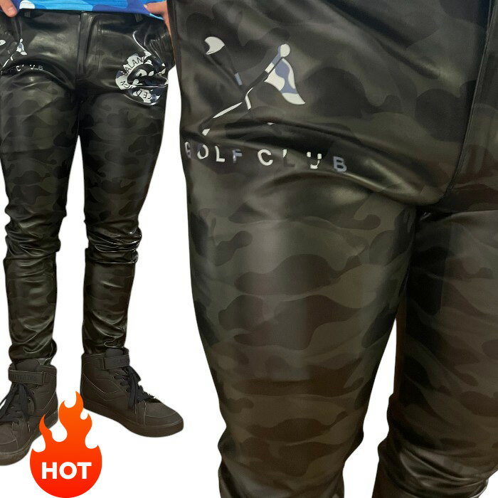 a51 冬専用 w28~w42 迷彩 ミリタリー裏起毛スリムフェイクレザーパンツ ブラック メンズゴルフ大きいサ..
