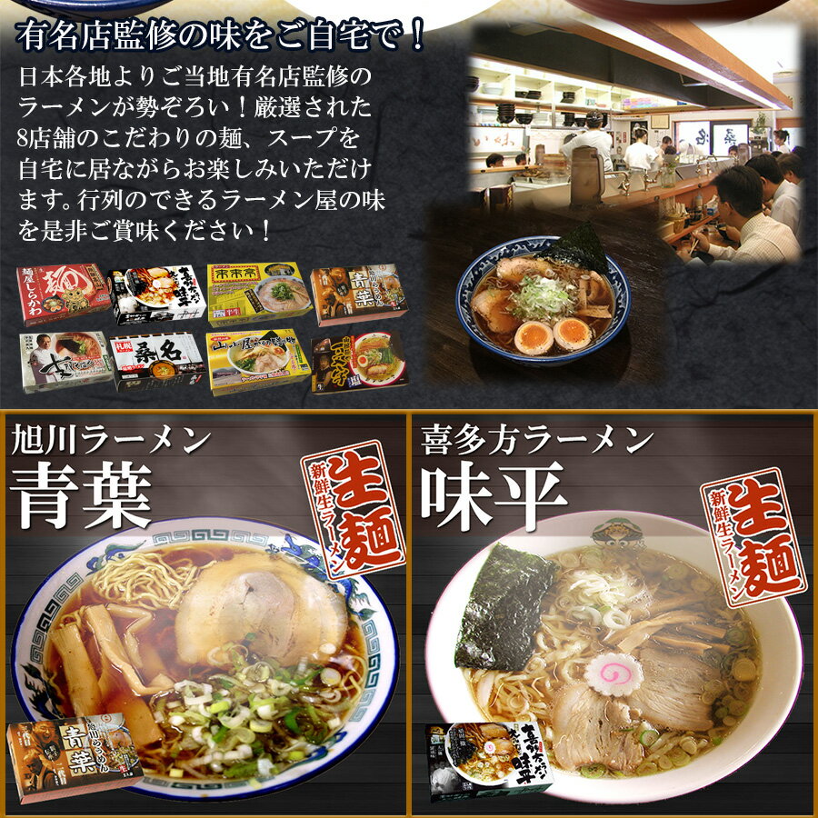 日本全国 有名店監修 ラーメン 詰め合わせセット 8箱16食 ご当地 味平 来来亭 桑名 青葉 一文字 山小屋 支那そばや しらかわ お中元 父の日 プレゼント 贈り物 常温保存 麺