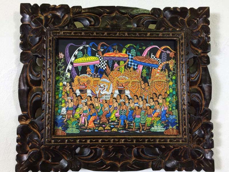 バリ絵画 バロンの祭列 イ・クトゥッ・ソキ（I Ketut Soki） 額付き A-3 【バリアート ウブド アート 絵 おしゃれ バリ彫刻 ヤングアーティスト バリ島 アジアン雑貨 バリ雑貨】のサムネイル