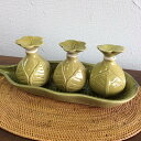 【5/6迄sale最大20%OFFクーポン】 アロマボトル スパボトル 小瓶3個とトレイ セット アジアン雑貨 葉柄 黄緑 中 タバナン焼き アロマオイルボトル...