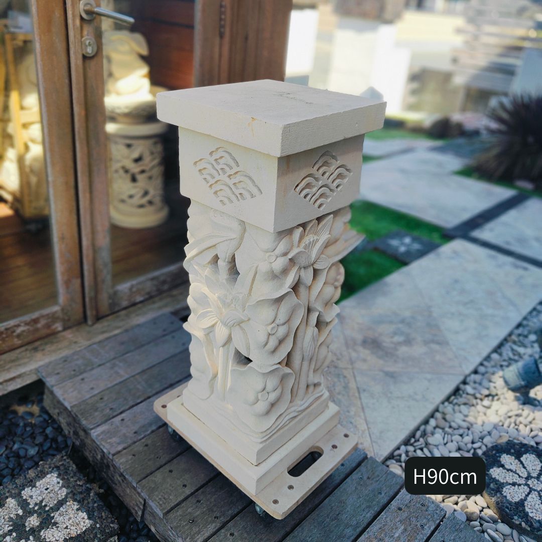 アジアン バリ島製 石台 角 スタンド ハス 2輪咲 パラス石 H80cm 蓮 ガーデン オブジェ 石 スタンド エ..