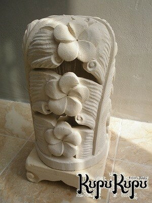 石彫りストーンオブジェ石台灯籠パームリーフ花丸スタンドH40cm バリ島石材灯篭アジアンランタンランタンおしゃれガーデン庭リゾー