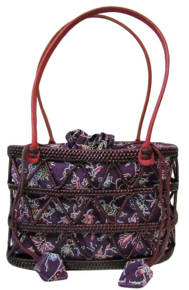 アタ透かし編みバッグ楕円紫バティック【バリ・アジアン雑貨　　バリパラダイス】